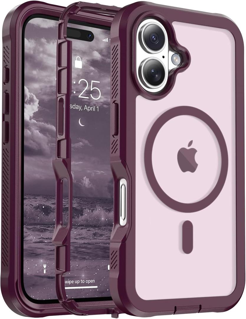 Magnetic for iPhone 16 Case, [Compatible with MagSafe][Military Grade Drop Protection][Heavy Duty Protection][Non-Slip][Shockproof] 2-Layer Durable Bumper Phone Case 6.1''-Wine Red