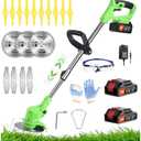 Wrneaoch 21V Electric Weed Wacker, Electric Cordless Weed Wacker Grass Trimmer Cordless with 2Pcs 2.0Ah Battery and Fast Charger, 10x Nylon Cutting Disc, 2 Types of Metal Cutting Disc