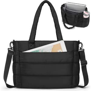 RAINSMORE Tote Bag for Women with Cup Holder, Puffer Work Bag, 15.6 inch Quilted Laptop Handbag for Work, Travel, Teacher, Black