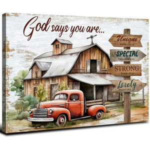 Rustic God Says You Are Wall Art Farmhouse Country Barn Canvas Picture Office Decor Christian Bible Verses Poster Vintage Red Old Truck Prints for Bedroom Living Room Kitchen Home Decoration 24x36"