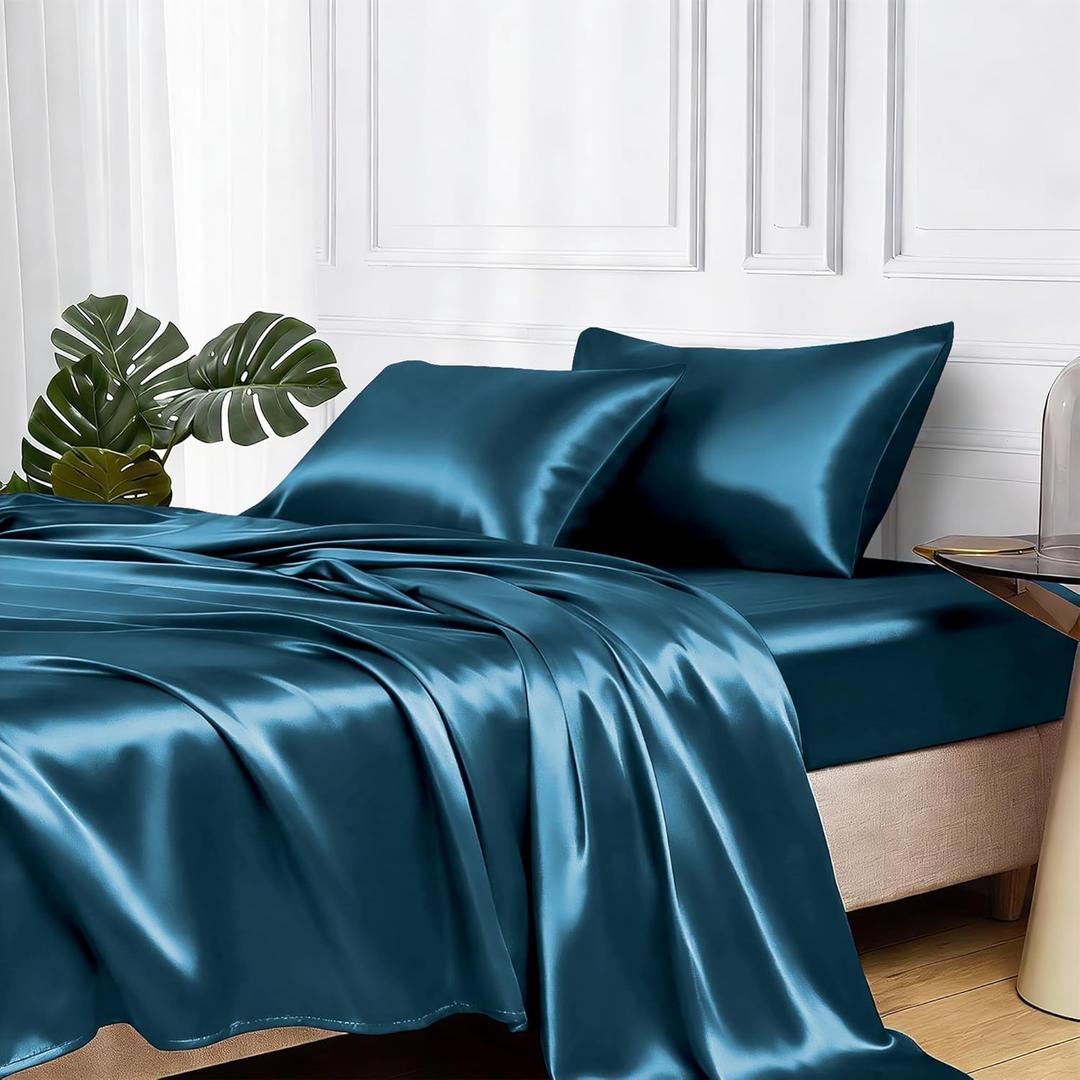 MR&HM Satin Bed Sheets, Queen Size Sheets Set, 4 Pcs Silky Bedding Set with 15 Inches Deep Pocket for Mattress (Queen, Teal)