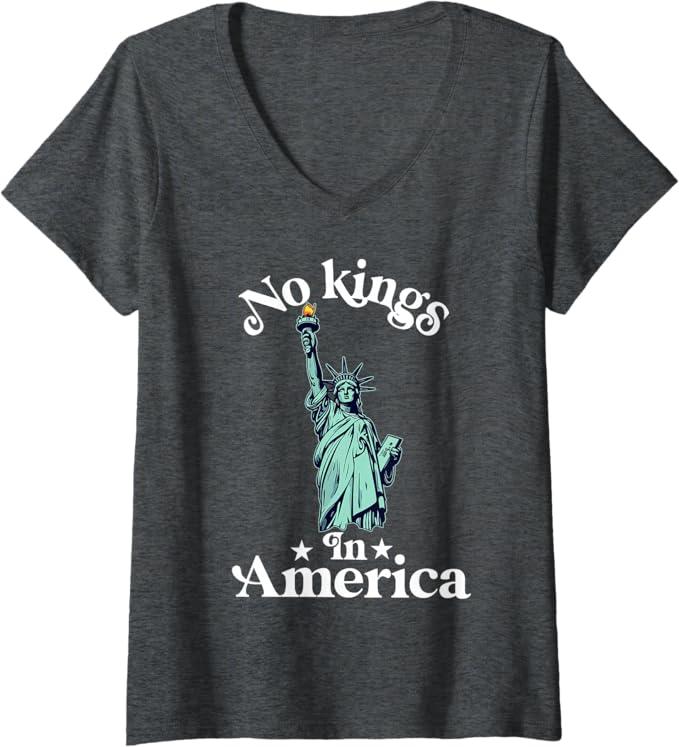 Womens No Kings in America Flag Protest Save Democracy V-Neck T-Shirt (Gray, XS)