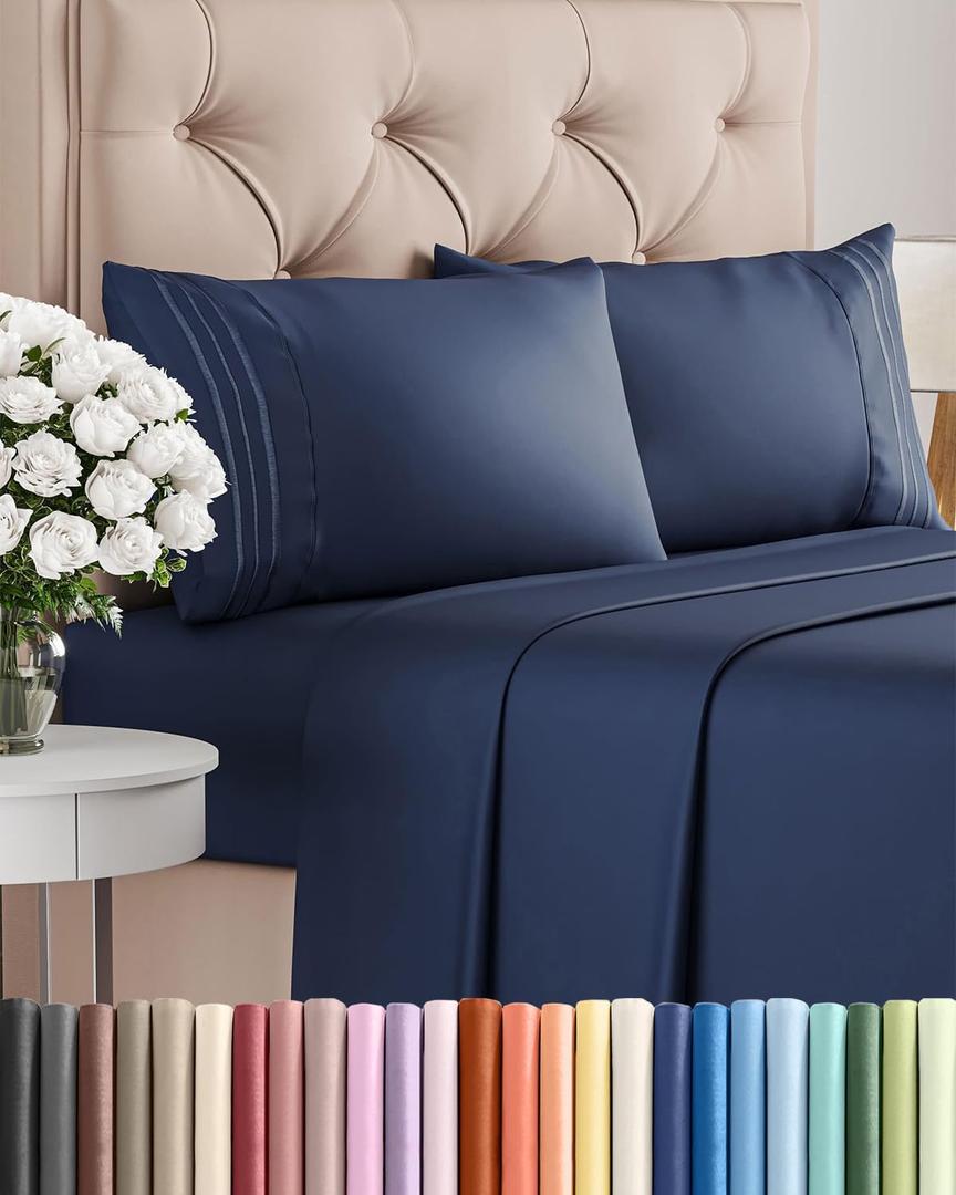 King Size 4 Piece Sheet Set - Comfy Breathable & Cooling Sheets - Hotel Luxury Bed Sheets for Women & Men - Deep Pockets, Easy-Fit, Extra Soft & Wrinkle Free Sheets - Navy Blue Oeko-Tex Bed Sheet Set