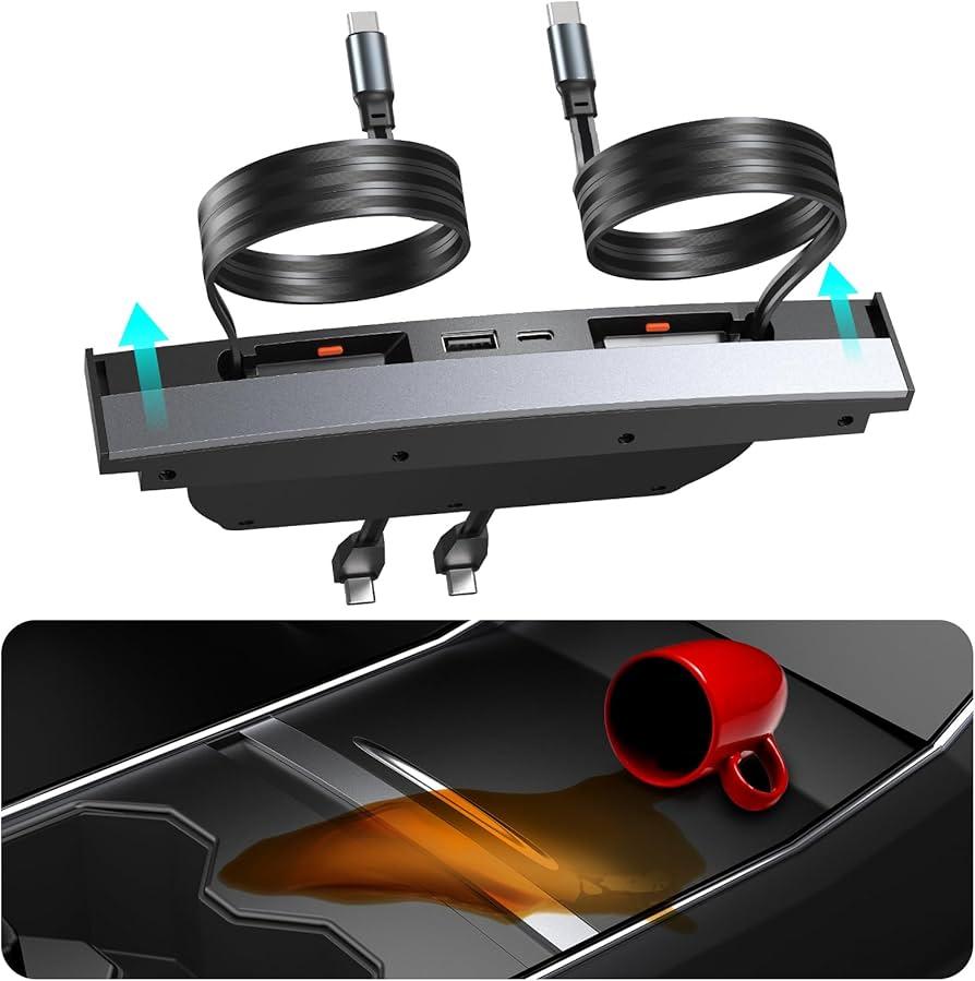 Upgrade Tesla USB Hub for Tesla Model 3&Y Waterproof - 4Ports Fast Chargr for Model Y/3 Accessories 2023 2022 2021 Retractable Docking Station, 2 Type-C Fast Charging Cables (Not Fit Model 3 2024)