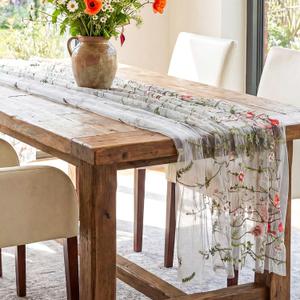 Haull Spring Floral Table Runner Embroidered Daisy Wildflowers Tulle Tablecloth 4.27x5.97ft Sheer Gauze Table Cover with Lavender Eucalyptus Leaves for Spring Easter Mother's Day Wedding Party Decor