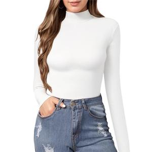 MANGOPOP Women's Mock Turtle Neck Slim Fit Long Sleeve T Shirt Tight Tops Tee White, Large