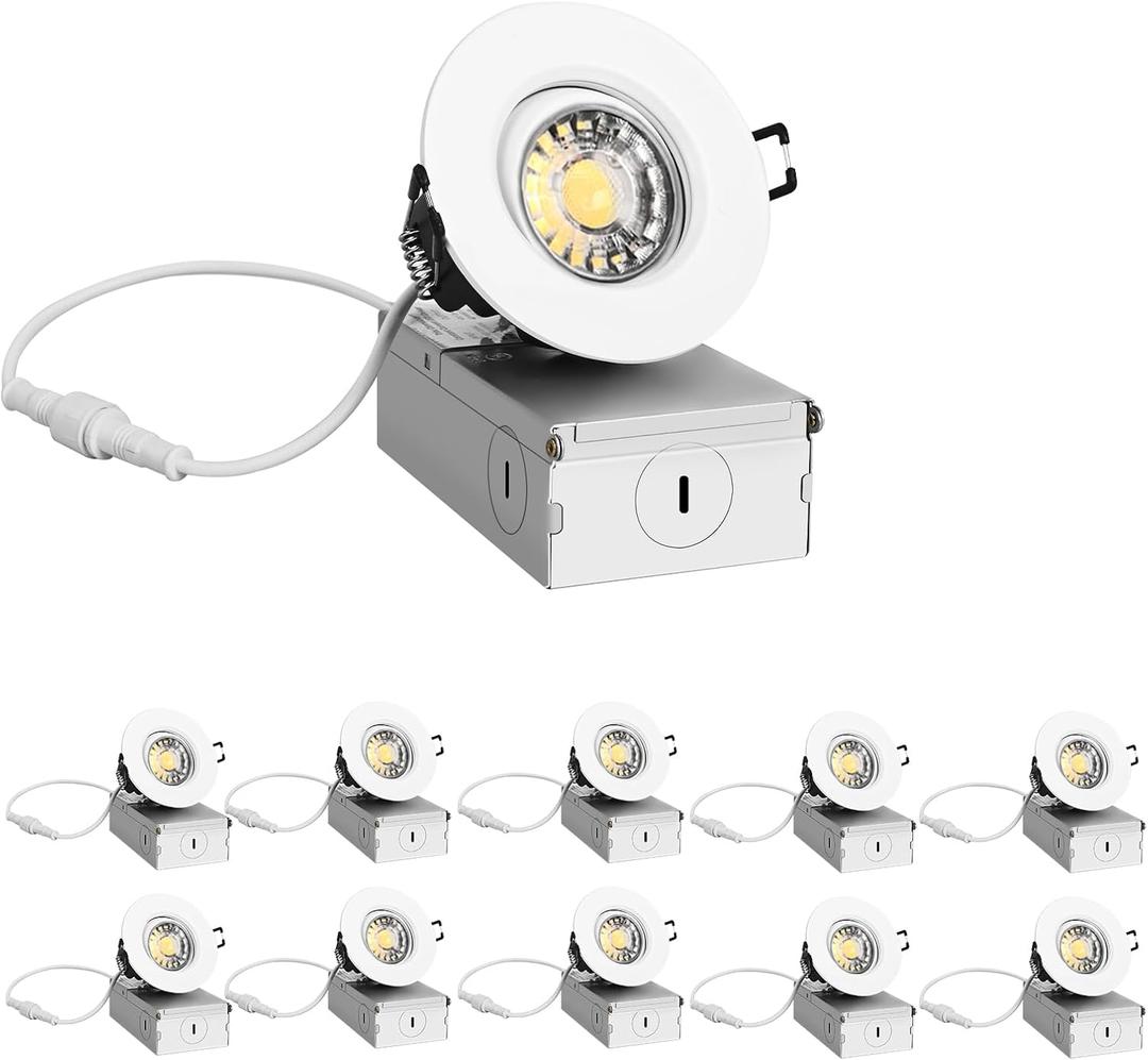 ZYC 3 Inch LED Recessed Lights - 10 Pack White Gimbal LED Recessed Light, Round Spotlight for Ceiling, 8 Watts Dimmable 5 Colors(2700K-5000K) Selectable with Junction Box, ETL Listed, 10 Pack-3IN-WH