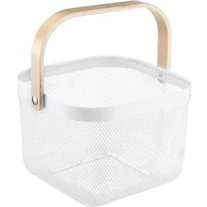 Metal Mesh Wire Basket, Large Steel Basket with Wooden Handle Storage Organizer Basket Multi-functional Hanging Kitchen Baskets Fruit Baskets for Kitchen Bathroom Cabinet Pantry Snacks, White