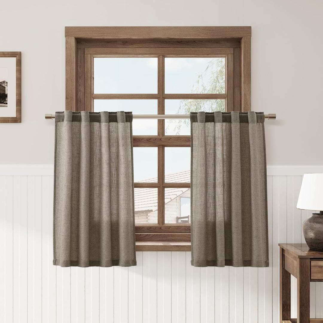 Nanspring Mocha Kitchen Curtains 24 Inch Length 2 Panels Linen Blend Back Tab Privacy Light Filtering Short Tier Curtains Modern Neutral Cafe Style for Small Windows Bathrooms RVs 26x24