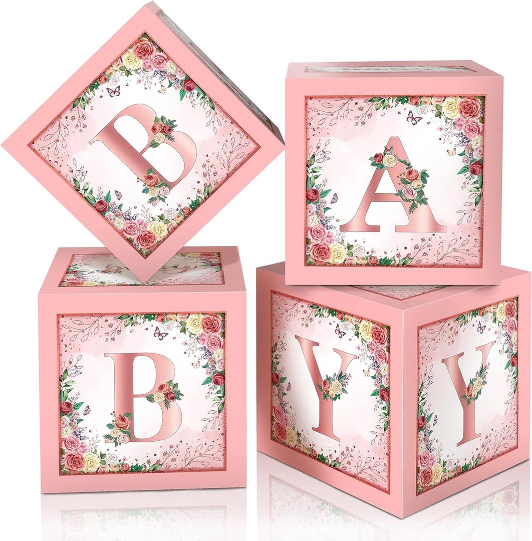 Floral Baby Shower Box Birthday Party Decoration Pink Balloon Blocks First Birthday Centerpiece Decor for Girls Rose Gold Gender Reveal Party Supplies