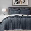 3 Pieces Cotton Quilt Set Queen Size Bedding Sets 90x98 with Pillow Shams Ultra Soft Lightweight Bedspread Waffle Weave Quilted Bed Coverlets for All Season, Grey Blue