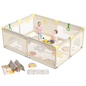 CoziBB Baby Playpen with Mat, 71"  59" Extra Large Playpen for Toddler, Play Yard, Baby Fence Play & Sleep Area for Indoor & Outdoor (Beige)