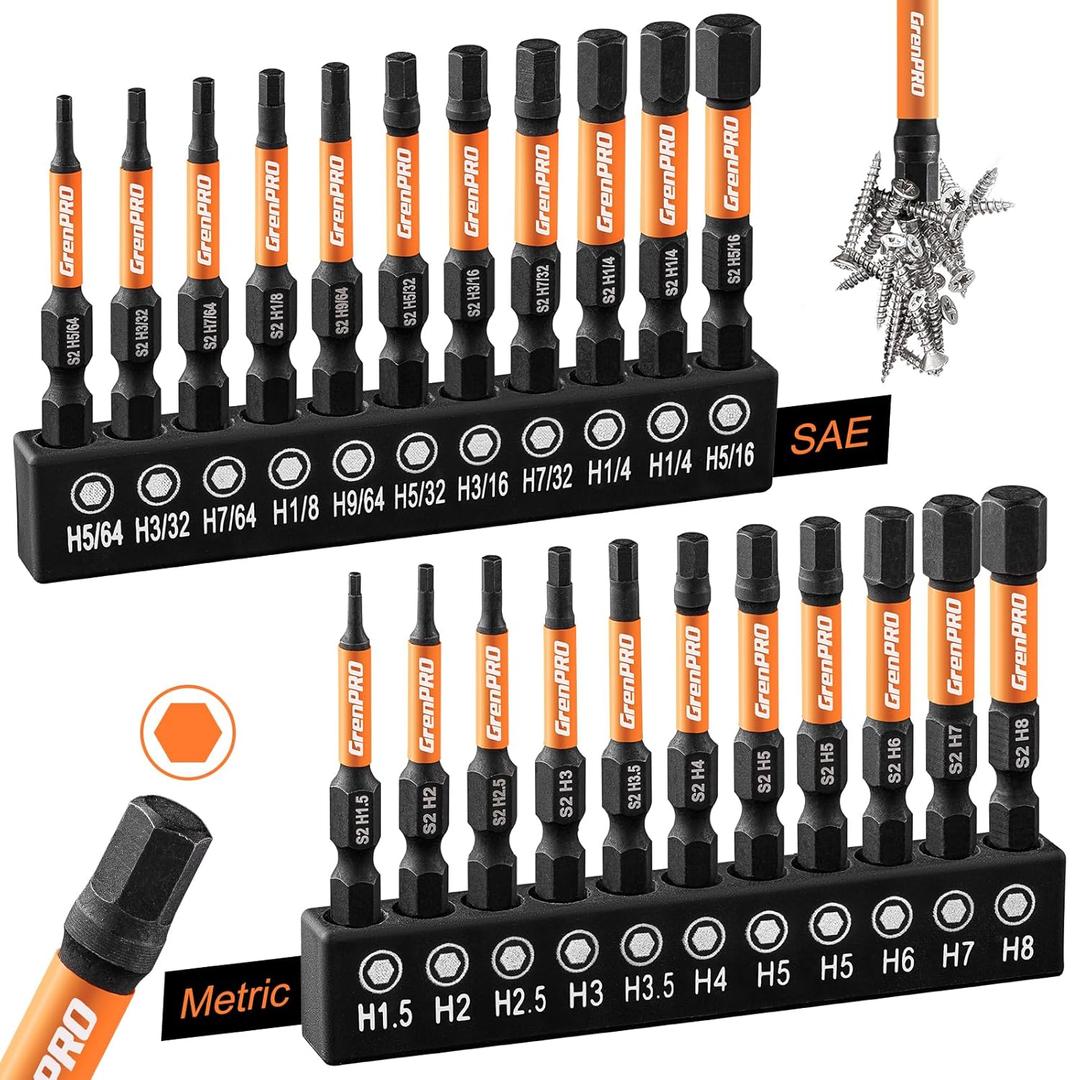 GRENPRO Allen Wrench Drill Bit Set 22pc Hex Bit Set, Impact Driver Bit Set, Screwdriver Bit Set, Allen Wrenches Sets, Allen Socket Set, 2" Long Metric&SAE 1/4" Hex Shank Magnetic Allen Key Drill Bits
