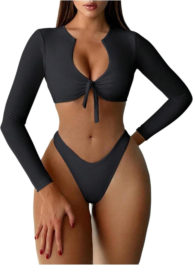 GORGLITTER Women's Crop Long Sleeve Bikini Set High Cut Swimsuit Knot Front Bathing Suit (Large, Black)