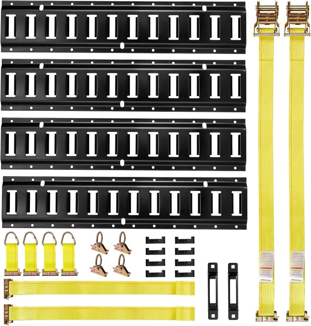 VEVOR E-Track Tie-Down Rail Kit, 4 Pack 2 ft E Track Rails, 20 Pcs Includes 2 Ratchet Straps & 4 O-Rings & 4 Tie-Offs with D-Ring & 2 Single Slots & 8 End Caps, Fit for Garages Vans Trailers
