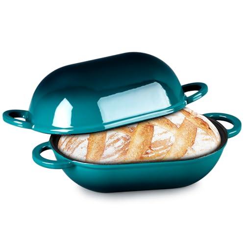 TeamFar Enameled Cast Iron Bread Loaf Pan, 2 QT Oval Dutch Oven with Lid for Sourdough Bread Baking, Enameled Meatloaf Loaf Baking Pan with Lid, Even Heat Distribution & Self-Basting, Basil Green