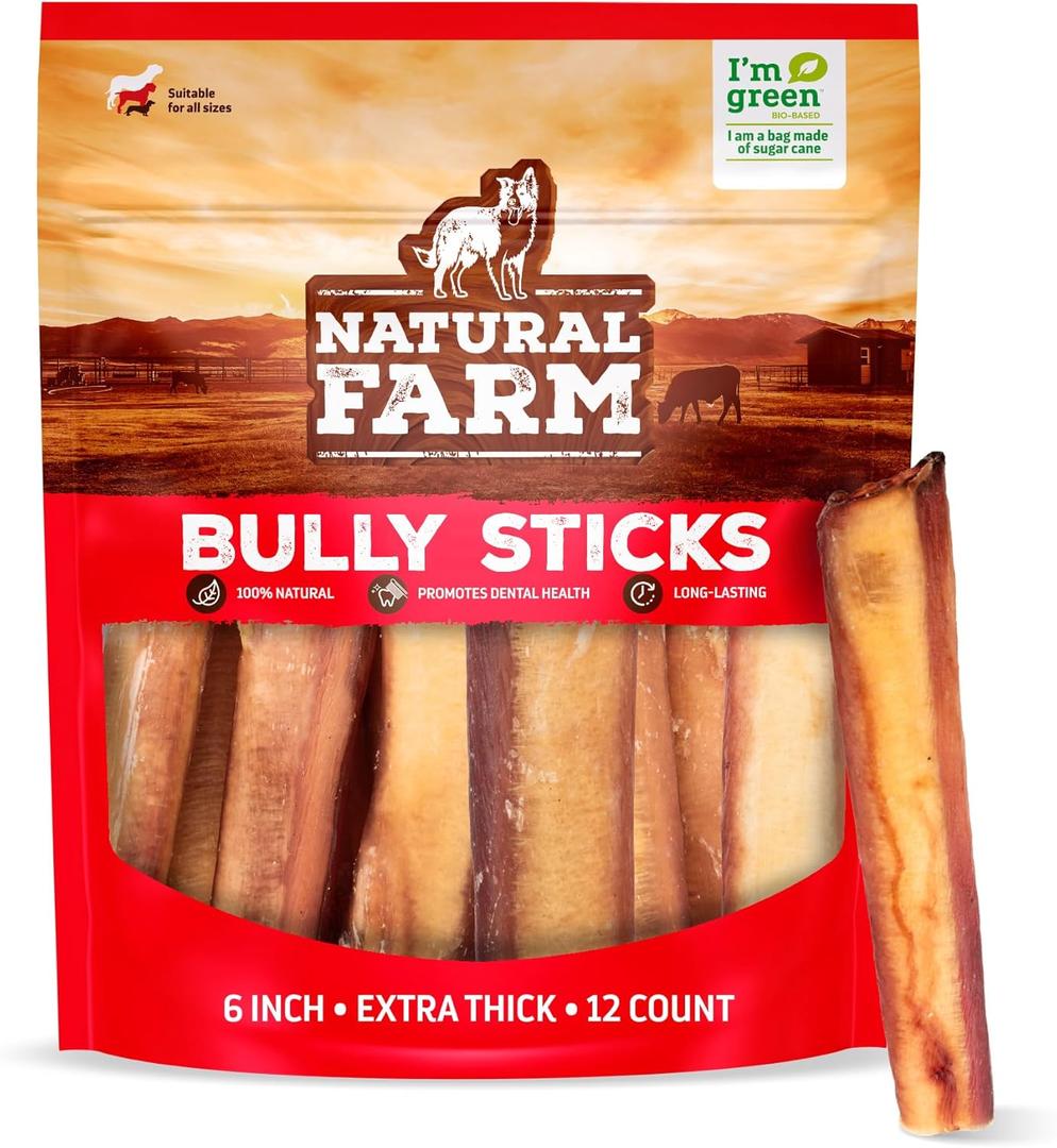 Natural Farm Odor Free Jumbo Bully Sticks (6 Inch, 12 Pack), Extra-Thick Dog Treats Fully Digestible 100% Beef Treats, Natural Dental Chews Keep Your Dog Busy with 50% Longer Lasting Chews, bbd: 06/17/2026