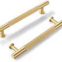 SALISENG-3 Pack Brushed Gold Cabinet Handles, Solid Brass Kitchen Drawer Pulls, 5 Inches Furniture Door Handles for Cupboard Bedroom Wardrobe(Arina)