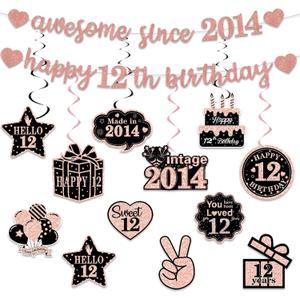 Pre-Strung 12th Birthday Banner Decorations for Girls, Glitter Rose Gold Happy 12th Birthday Hanging Swirls Party Supplies Decor
