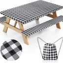 Picnic Table Cover with Bench Covers and Bag, Camping Essentials Camping Table Cover with Elastic Edges, Fitted Rectangle Tables and Seats, 72x30 Inches 3 Pcs Set (Black)