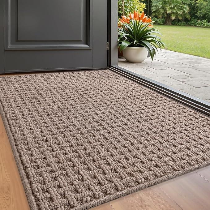 LUMI Washable Door Mat Indoor Entrance 17x30, Dirt Trapper Front Door Mats with Absorbent Interior and Non-Slip Rubber Backing, Entryway Doormat, Beige