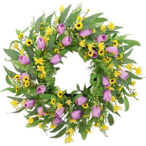 Spring Summer Wreaths for Front Door,22 Inch Artificial Purple Tulip Wreath with Wildflowers,Eucalyptus Leaves for Indoor Outdoor Wall Porch Festival Farmhouse Home Holiday Decor.