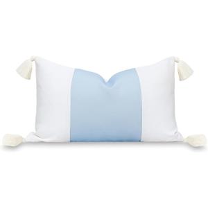 Hofdeco Premium Coastal Patio Indoor Outdoor Lumbar Pillow Cover Only, 12"x20" Water Repellent for Backyard, Couch, Baby Blue Color Block with Tassels