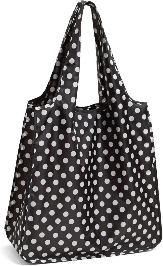 kate spade new york Reusable Shopping Tote, Lightweight Foldable Produce Bag, Black Dots