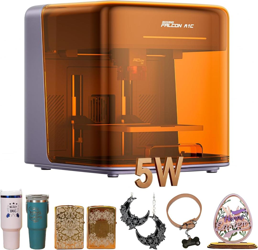 Creality Falcon A1C 5W Mini Laser Engraver, Class 1 AI Desktop Laser Engraving Machine with Auto Focus, Smart Camera, Support 3 Laser Heads Interchange, 15,000 mm/min Speed, Works with 300+ Materials