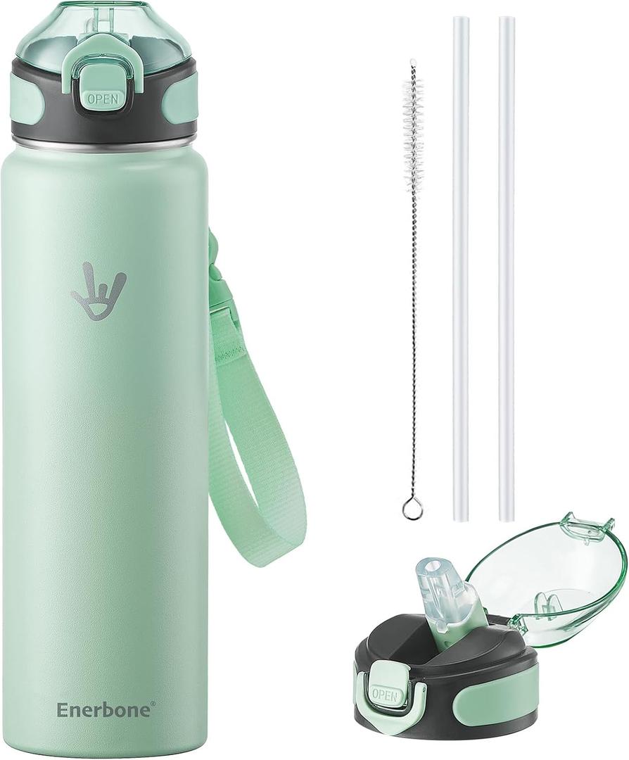 Enerbone 32 oz Insulated Water Bottle, Stainless Steel Bottle with Carrying Strap, Double-Wall Vacuum Insulation Design, Leakproof Sports Bottle with Straw, Keep Drinks Cold or Hot for Hours