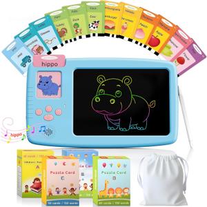 Talking Flash Cards for Toddlers: 2-in-1 LCD Writing Tablet Kids - Montessori Language Learning with 510 Words - Autism & Speech Therapy Toys for Children Gifts, Blue