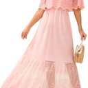 Women's Off The Shoulder Embroidered Lace Maxi Wedding Dress Boho Wedding Guest Formal Party Maternity Photoshoot Dresses (Pink, M)