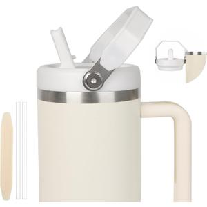 40oz Lid for Stanley Cup, Flip Straw Leak Proof Lids Replacement with Handle for 40oz Stanley Quencher and ProTour, No Spill Lids Reusable Removable Replacement Accessories for StanleyCup, (White*1)
