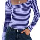 IWD Womens Striped Long Sleeve Shirts Slim Fit Square Neck Tops 2026 Spring Lightweight Knit Pullover Sweater (M)