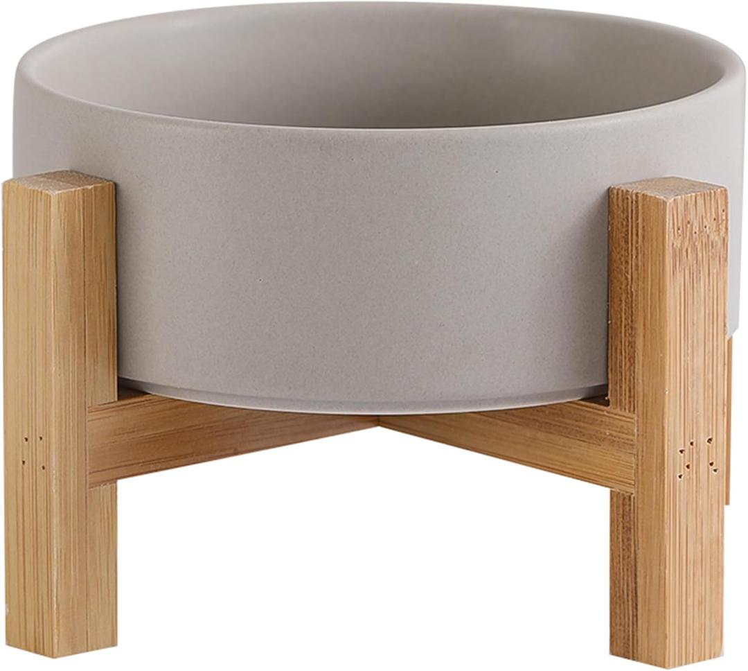 Elevated Ceramic Cat Bowl - Cat Food Bowl with Bamboo Stand - Raised Dog Dish for Puppies - Anti Vomiting, Stress Free - 13.5 oz / 400 ml - Grey (Small)