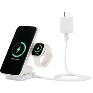 Amazon Basics MagSafe Compatible 25W Fast Charging Qi2.2 Certified 3-in-1 Wireless Charging Station, Foldable Stand for iPhone 17/16/15/14/13/12, Apple Watch, AirPods, with 45W Adapter, White