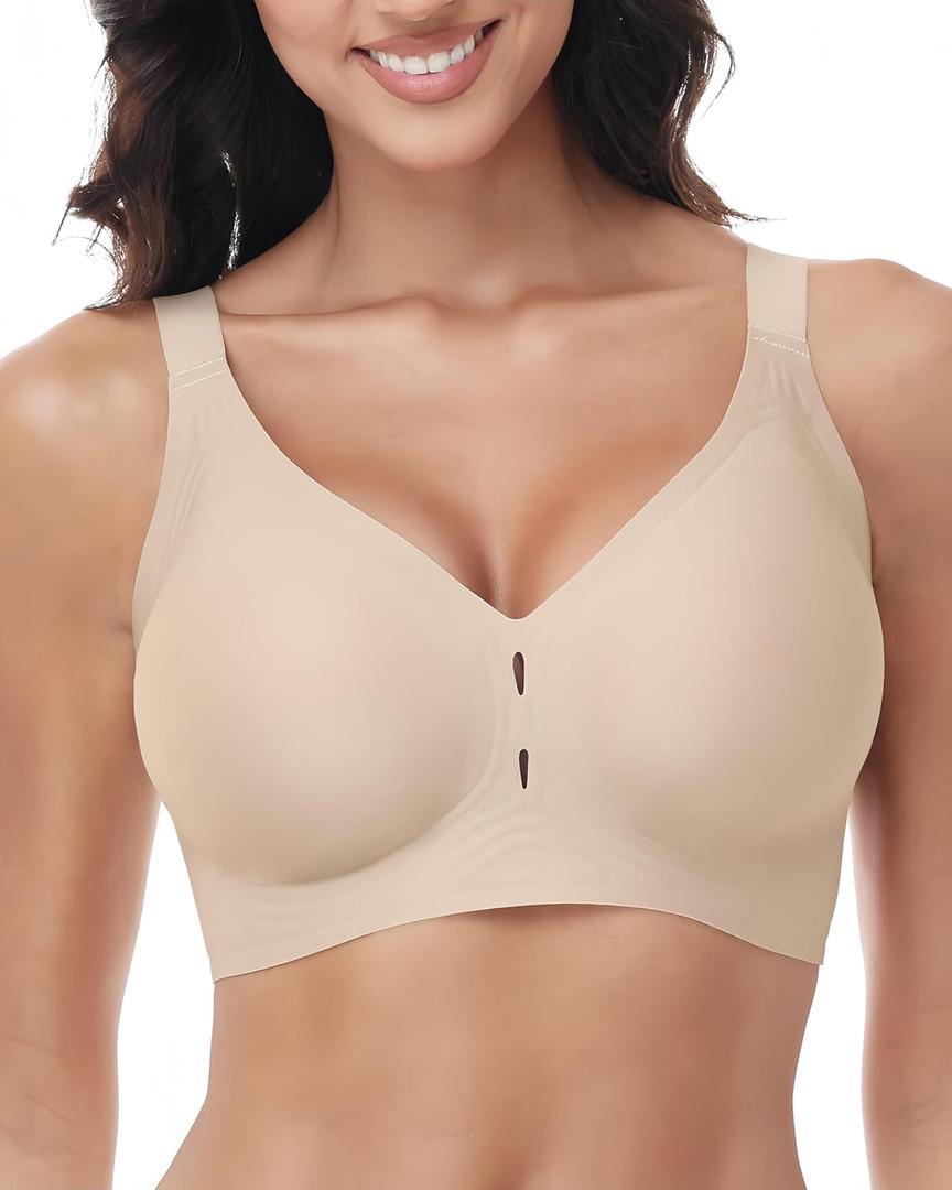 Wireless Jelly Bras for Women Underarm Smoothing Full Coverage Push Up Supportive No Underwire Seamless Soft Comfy Tshirt Bra (X-Large, Beige)