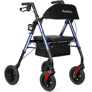 Ambliss Rollator Walkers with Seat for Seniors, 8" Wheels, 300lb. Weight Capacity, All Terrain Lightweight Walkers for Seniors with Backrest, Height Adjustable Foldable Walker, Blue