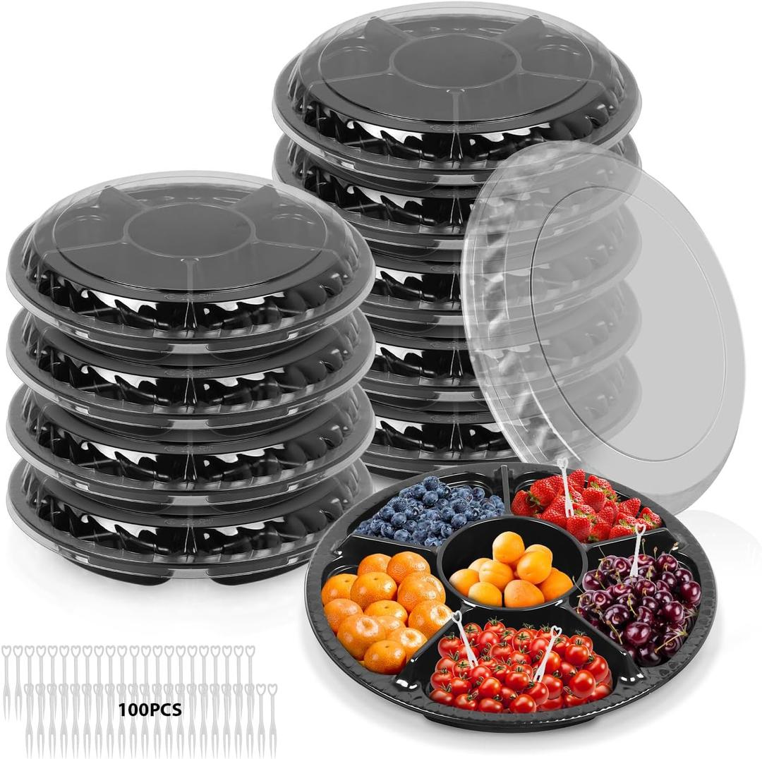 10PCS Round Appetizer Serving Tray with Lid, 6-Divided Plastic Food Storage Containers with 100 Forks, Disposable Fruit Platter Suitable for Catering, Party and Buffet