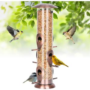 FEED GARDEN Metal Bird Feeders for Outdoors Hanging, 6-Port Tube BirdFeeders for Outside, Finch Feeders for Outside, Brushed Copper Finishing, Bird Feeder with Heavy Duty Metal Lid, Chew-Proof 1 Pack