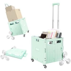 Foldable Rolling Crate for Stair Climbing : Utility Cart for Grocery File Office Book (Light Green)