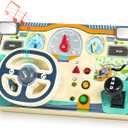 Busy Board Montessori Toys for 1 2 3 Year Old, Wooden Toddler Sensory Toy Busy Board with LED Lights Sound Switch, Toddlers Activity Travel Toy, Steering Wheel Toddler Toys Christmas Gift for Boy Girl