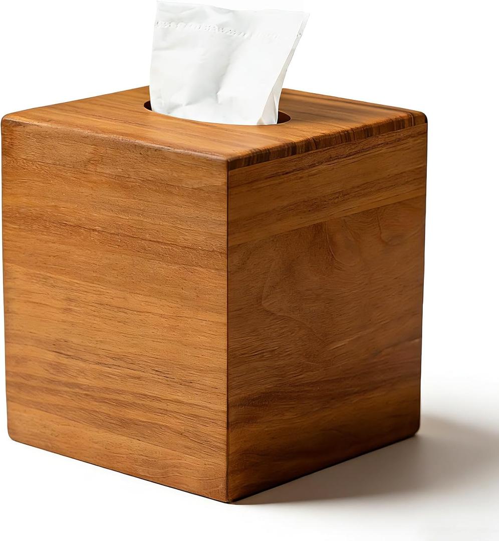 Tissue Box Cover Square, Teak Wood Tissue Box Holder with Slide-Out Bottom, Wooden Tissue Box Cover Cube for Bathroom, Bedroom, Dinner Table, 5.5 x 5.5 x 6.1 inches