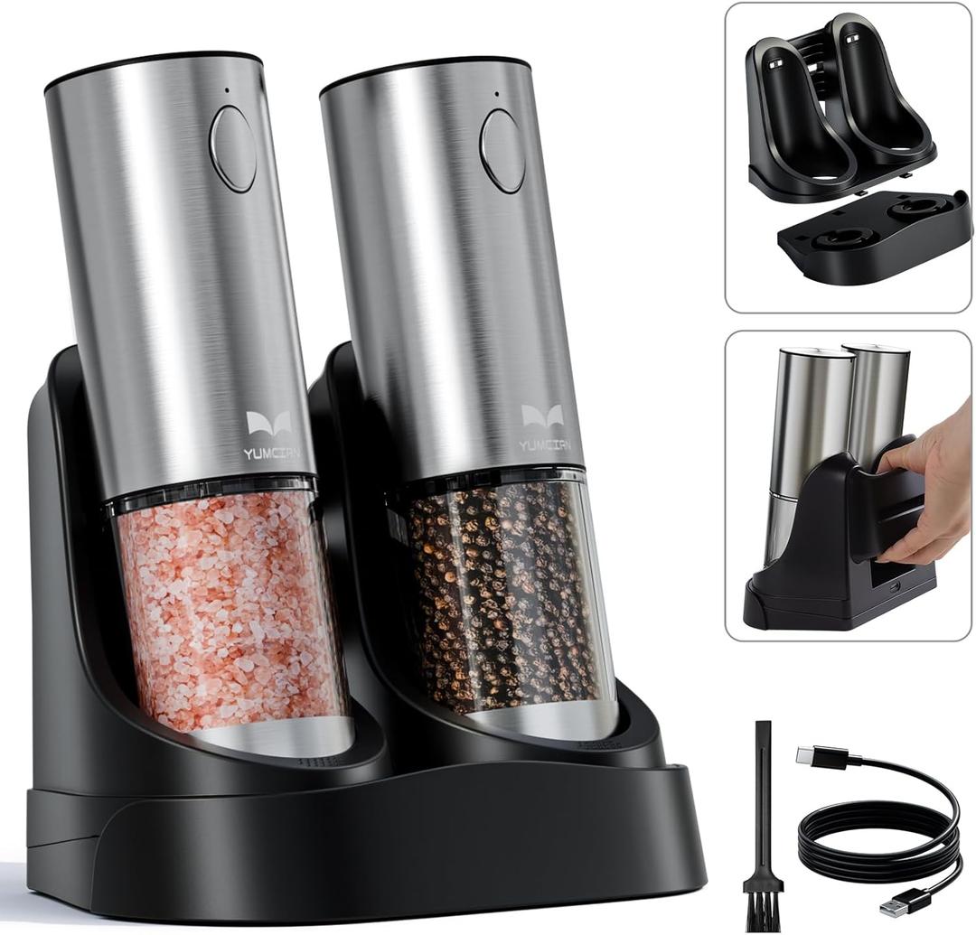 Electric Salt and Pepper Grinder Set with Easy-to-Carry Charging Base and LED Light, Automatic Salt and Pepper Grinder Set, USB Rechargeable, Adjustable Coarseness, Washable Container