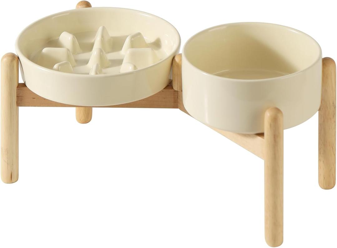 Ceramic 1.2 Cup Raised Slow Feeder Dog Bowl Set, Elevated 6.1inch Bowl and 7.3inch Slow Pet Food Dish with Wooden Stand for Small and Medium Dog (2 x Beige+ Stand)