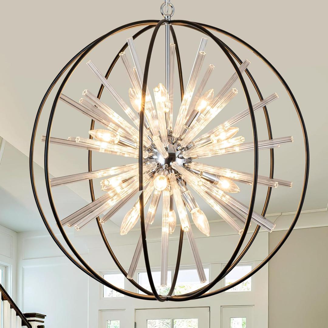 Veezio 12-Light Black Crystal Sputnik Chandelier D27 Globe Modern Firework Ceiling Light Fixture for High Ceiling Foyer Entryway Stairway Dining Room Kitchen Island Bedroom