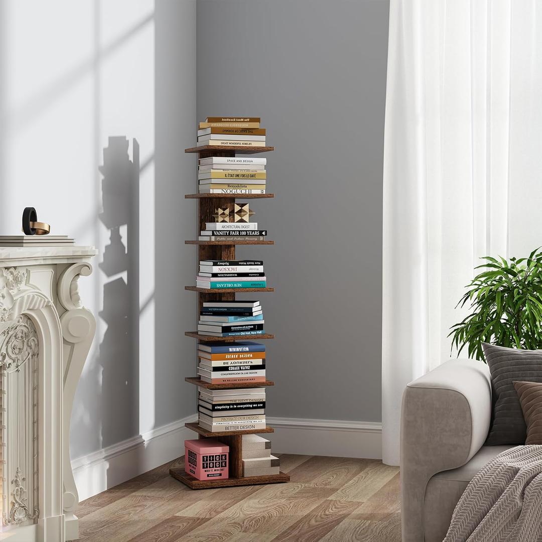 TUTOTAK Narrow Bookshelf, 8-Tier Bookcase, Spine Book Shelf for Small Space, Corner Standing Shelf for Living Room, Office, Study, Entryway, Rustic Brown BS06BB008