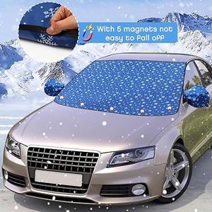 2 Pcs Windshield Cover for Ice and Snow Set Blue Snowflake Heavy Duty 600d Oxford Fabric Car Winter Accessories Front&Rear Protection with Magnetic Edges Wing Mirror Covers for Car Truck SUV