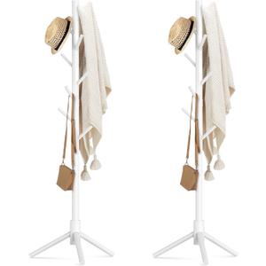 Haddockway Wooden Coat Rack Stand with 8 Hooks New Zealand Pine 3 Adjustable Coat Standing Tree Easy Assembly for Coats, Hats, Scarves and Handbags for Entryway, Hallway, Bedroom, Office,2 PCS (White)