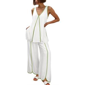 Cicy Bell Womens Summer Lounge Sets V Neck Sleeveless Tunic Tops Pajamas Sets Comfy Loungwear Wide Leg Pants 2 Piece Outfits (X-Large, White)
